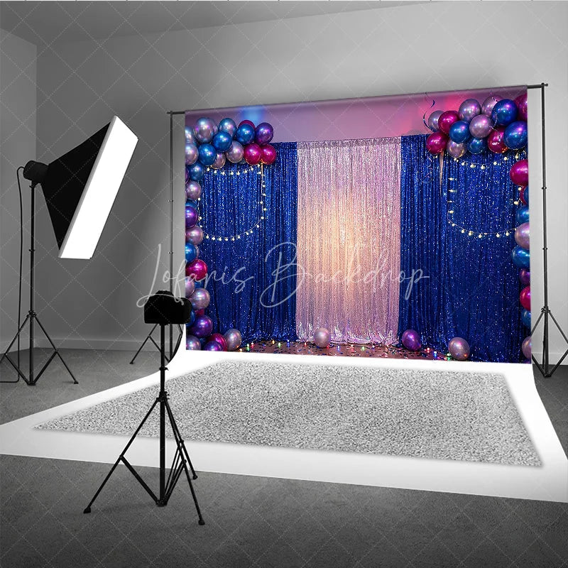 Lofaris Blue and Silver Sequin Photography Backdrop with Balloon Arch String Lights Glamorous Party Decoration