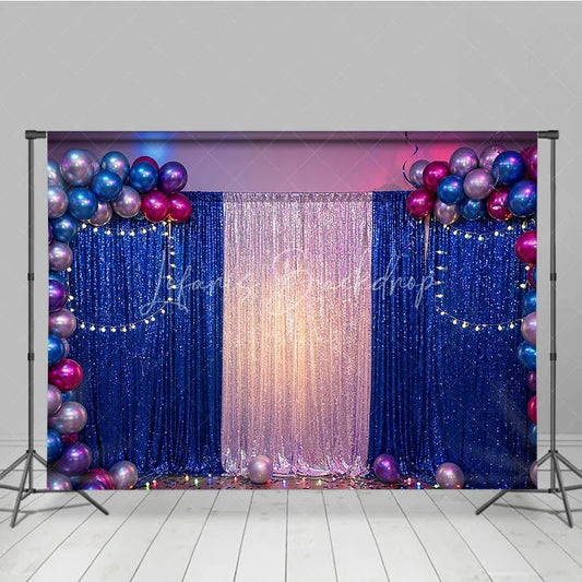 Lofaris Blue and Silver Sequin Photography Backdrop with Balloon Arch String Lights Glamorous Party Decoration