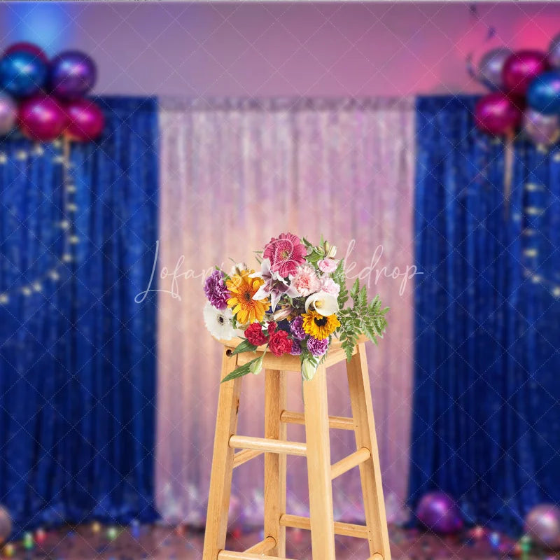 Lofaris Blue and Silver Sequin Photography Backdrop with Balloon Arch String Lights Glamorous Party Decoration