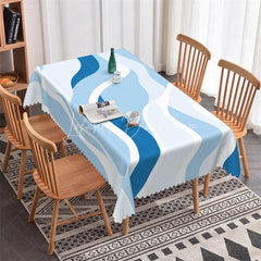 Lofaris Blue and White Abstract Wavy Rectangle Tablecloth Modern Flowing Design for Elegant Party Decor Home.