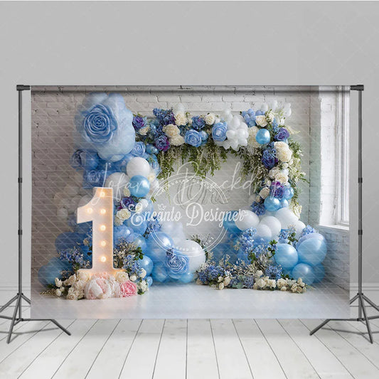 Lofaris Blue and White Balloons First Birthday Photography Backdrop Elegant Floral Arch Baby Shower Decor