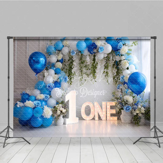 Lofaris Blue and White Balloons First Birthday Photography Backdrop Elegant Rose Greenery ONE Party Decor