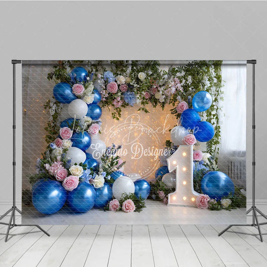 Lofaris Blue and White Balloons with Pink Roses First Birthday Photography Backdrop Elegant Fairy Lights Decor