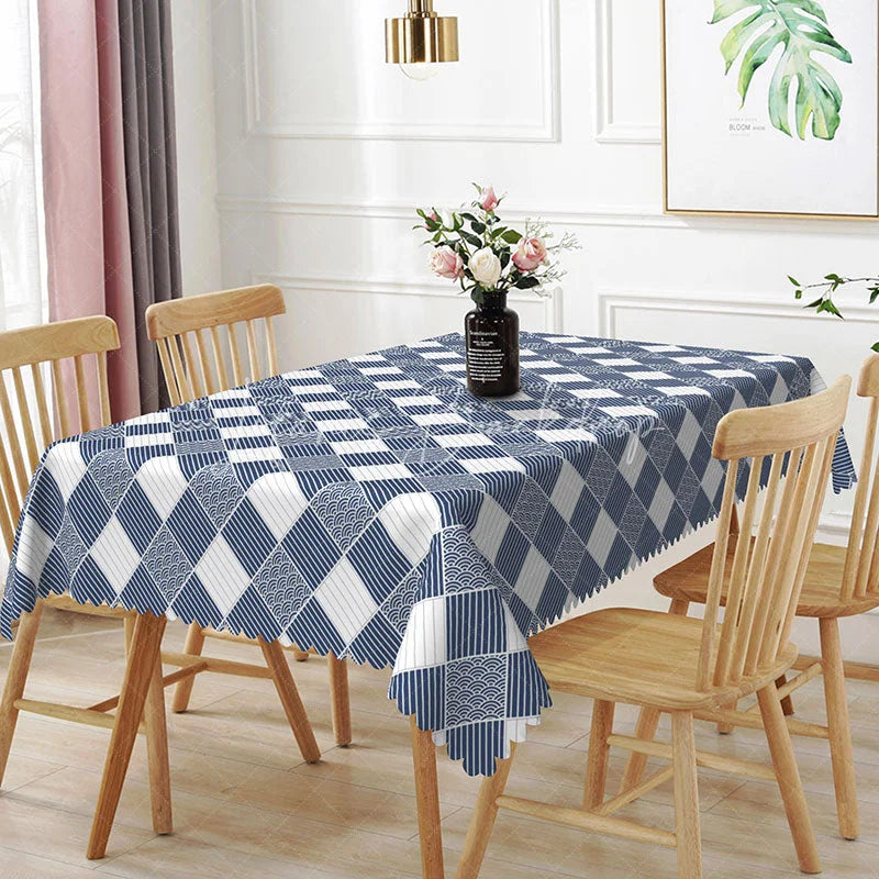 Lofaris Blue and White Checkered Geometric Pattern Rectangle Tablecloth Modern Dining Room Kitchen Decor Washable Table Cover