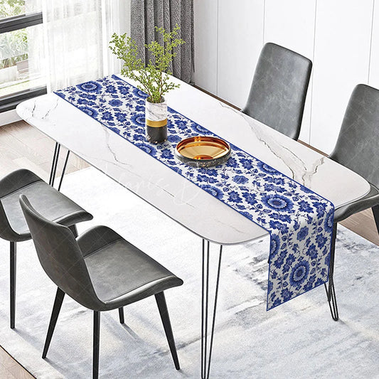 Lofaris Blue and White Chinoiserie Floral Table Runner Elegant Vintage Botanical Print Grandmillennial Decor