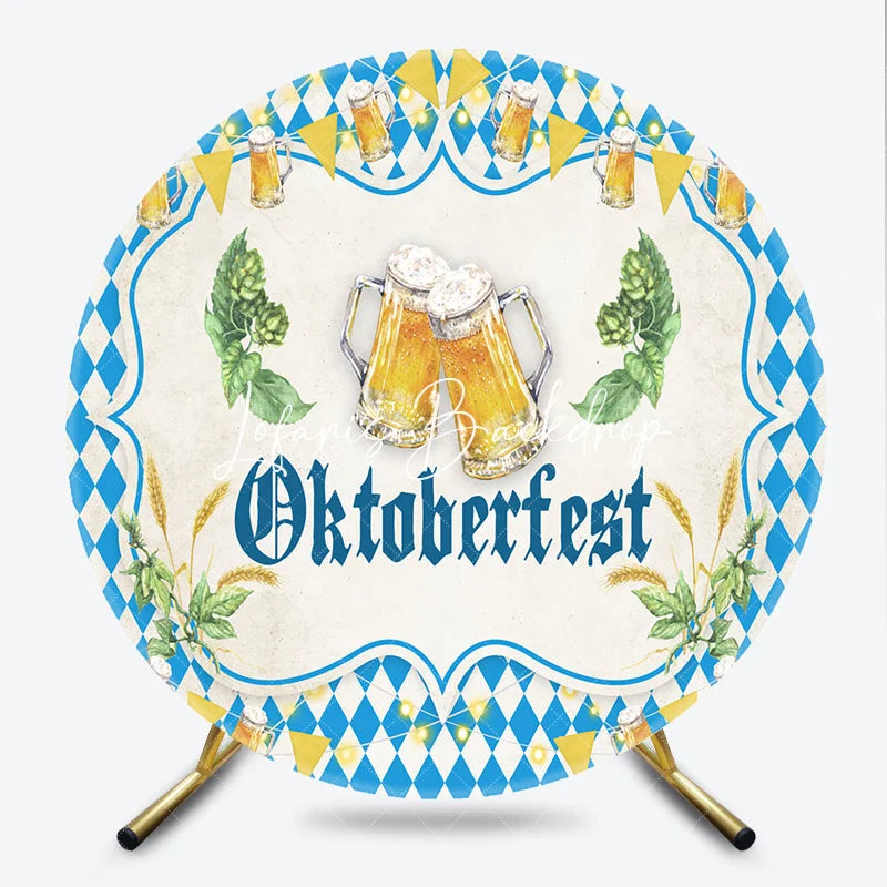 Lofaris Blue and White Diamond Pattern Oktoberfest Beer Steins Round Backdrop with Hops Wheat Festive Bavarian Party Decor.