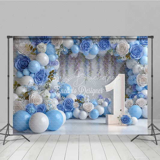 Lofaris Blue and White Floral Balloon First Birthday Photography Backdrop Elegant Party Decor