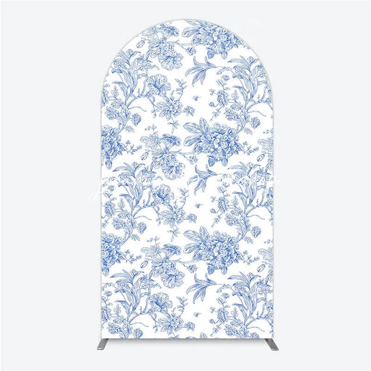 Lofaris Blue and White Floral Botanical Round Top Arch Backdrop Vintage Toile de Jouy Pattern for Elegant Events