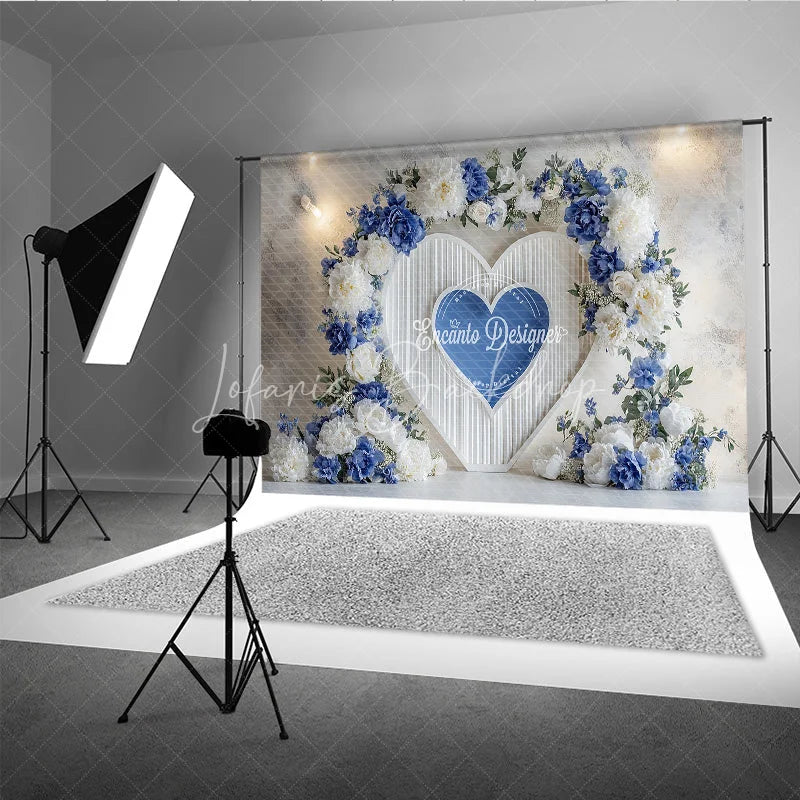 Lofaris Blue and White Floral Heart Arch Photography Backdrop Elegant Wedding Ceremony Valentine’s Day Photo Background