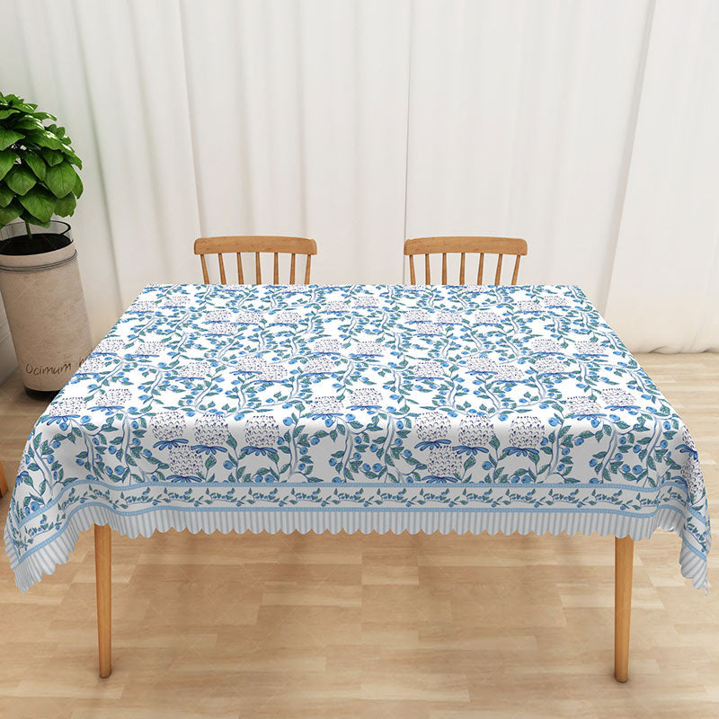 Lofaris Blue and White Floral Rectangle Tablecloth with Stripe Border for French Country Farmhouse Decor