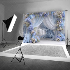 Lofaris Blue and White Floral Wedding Backdrop Sheer Drapes Arch Hydrangea Rose Photo Background for Bridal Shower