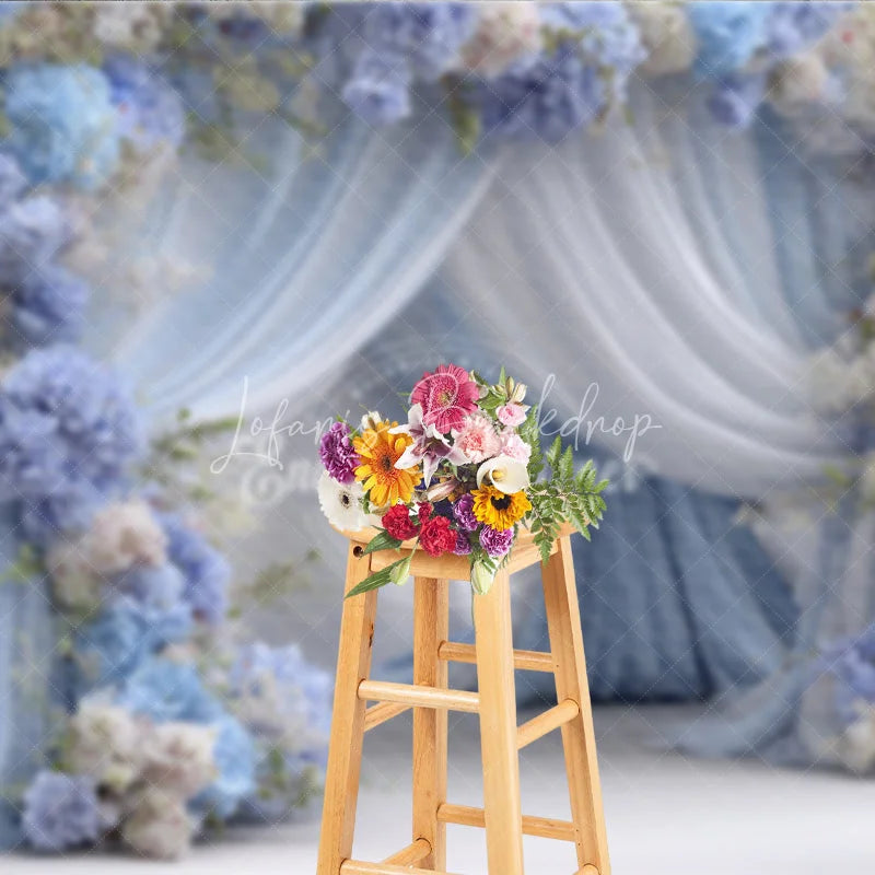 Lofaris Blue and White Floral Wedding Backdrop Sheer Drapes Arch Hydrangea Rose Photo Background for Bridal Shower