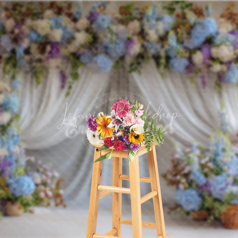 Lofaris Blue and White Floral Wedding Backdrop Sheer Curtains Arch Hydrangea Photo Background for Bridal Shower