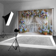 Lofaris Blue and White Floral Wedding Backdrop Sheer Curtains Arch Hydrangea Photo Background for Bridal Shower