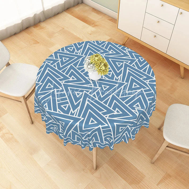 Lofaris Blue and White Geometric Triangle Round Tablecloth Modern Abstract Style Dining Decor