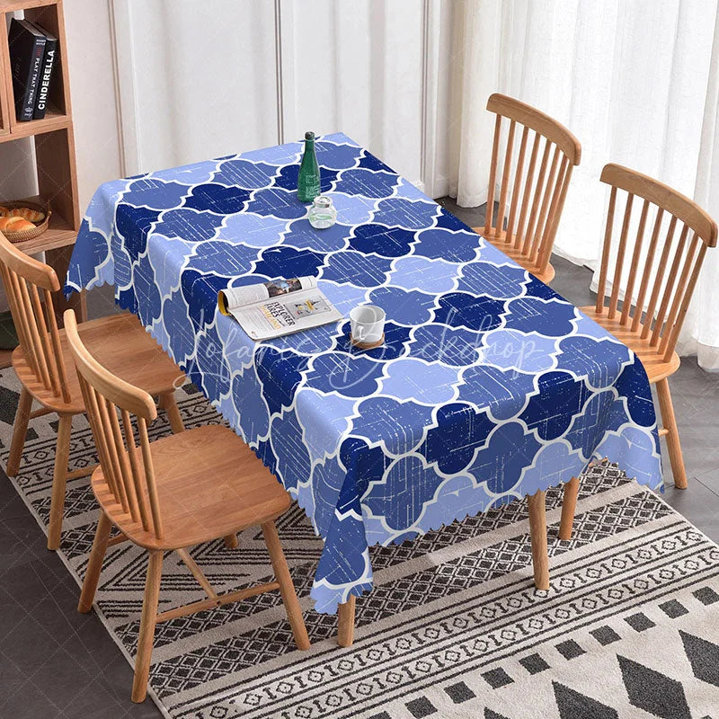 Lofaris Blue and White Moroccan Quatrefoil Rectangle Tablecloth Elegant Geometric Dining Decor with Scalloped Edge
