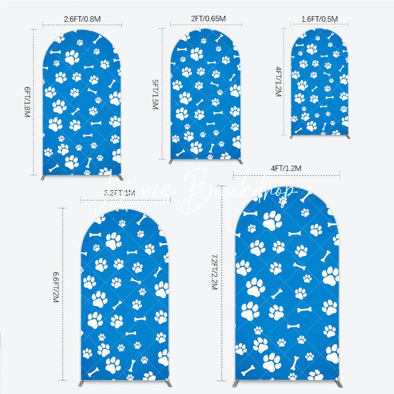 Lofaris Blue and White Paw Print Bone Pattern Round Top Arch Backdrop Adorable Pet Themed Party Decor