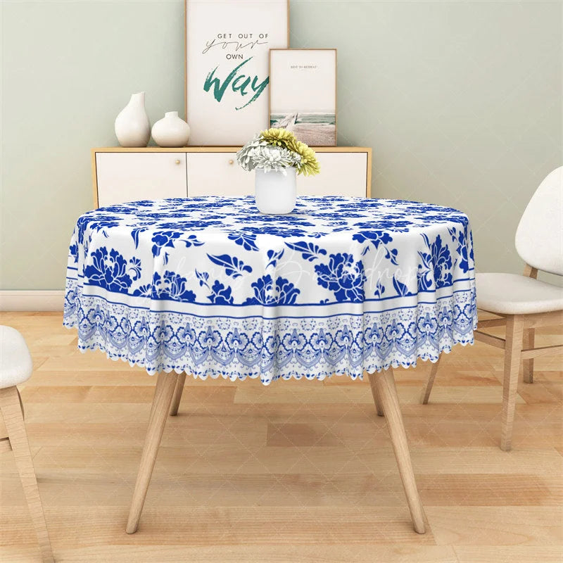 Lofaris Blue and White Porcelain Floral Round Tablecloth Vintage Chinoiserie Flower Table Cover for Wedding