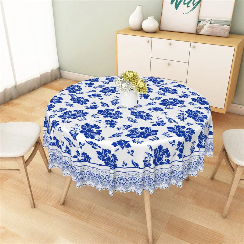 Lofaris Blue and White Porcelain Floral Round Tablecloth Vintage Chinoiserie Flower Table Cover for Wedding