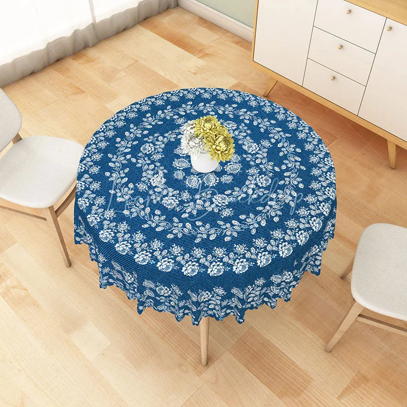Lofaris Blue and White Rose Mandala Round Tablecloth Mediterranean Style Floral Table Cover for Party