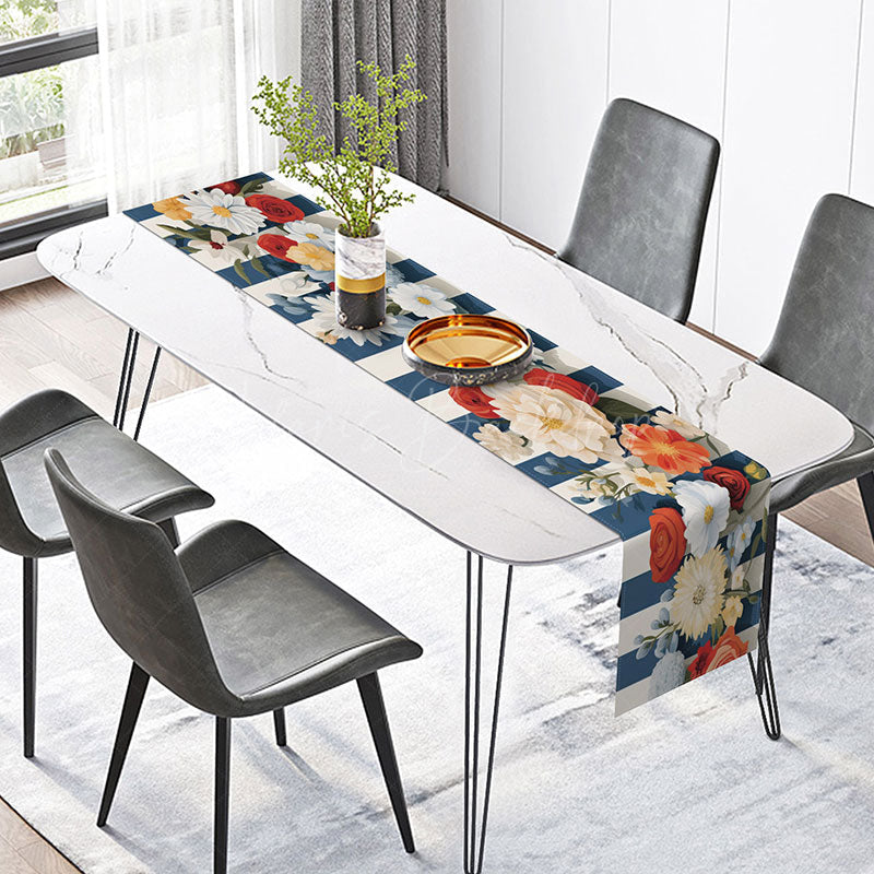 Lofaris Blue and White Stripe Table Runner with Spring Flowers Fresh Nautical Floral Kitchen Decor for Summer