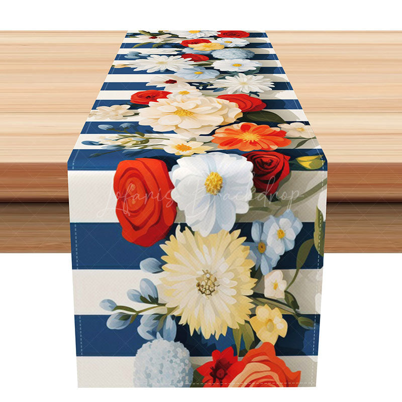 Lofaris Blue and White Stripe Table Runner with Spring Flowers Fresh Nautical Floral Kitchen Decor for Summer