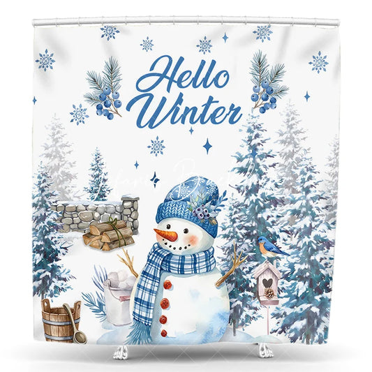 Lofaris Blue and White Watercolor Snowman Hello Winter Shower Curtain Snowy Pine Trees Berries Decor.