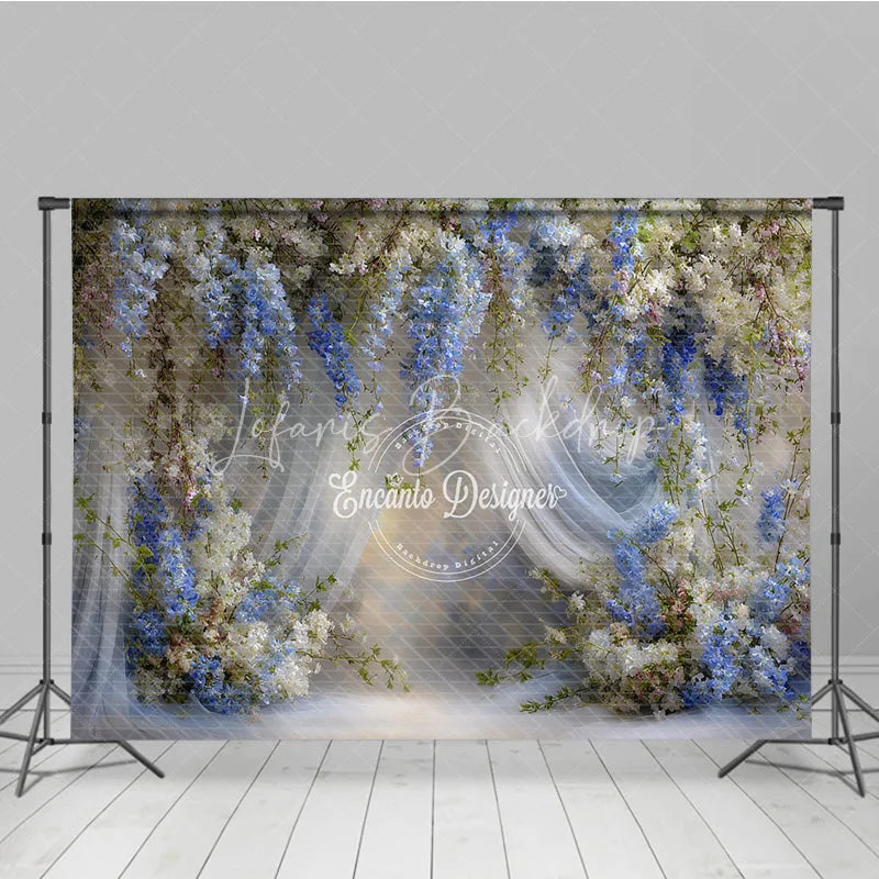 Lofaris Blue and White Wisteria Floral Backdrop Sheer Curtains Wedding Background Elegant Bridal Shower Photo Props