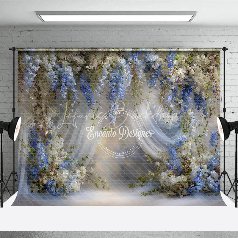 Lofaris Blue and White Wisteria Floral Backdrop Sheer Curtains Wedding Background Elegant Bridal Shower Photo Props