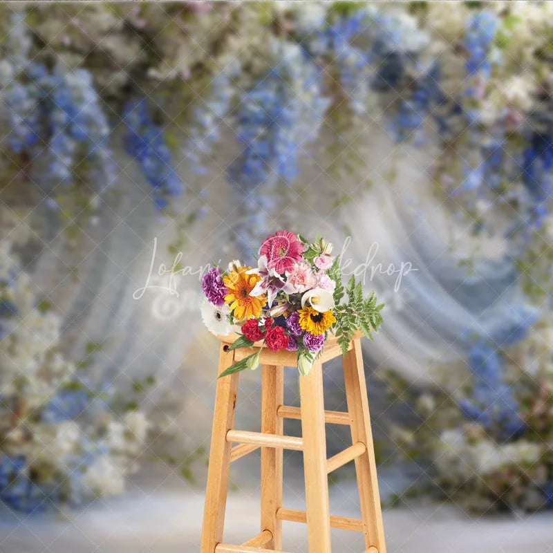 Lofaris Blue and White Wisteria Floral Backdrop Sheer Curtains Wedding Background Elegant Bridal Shower Photo Props