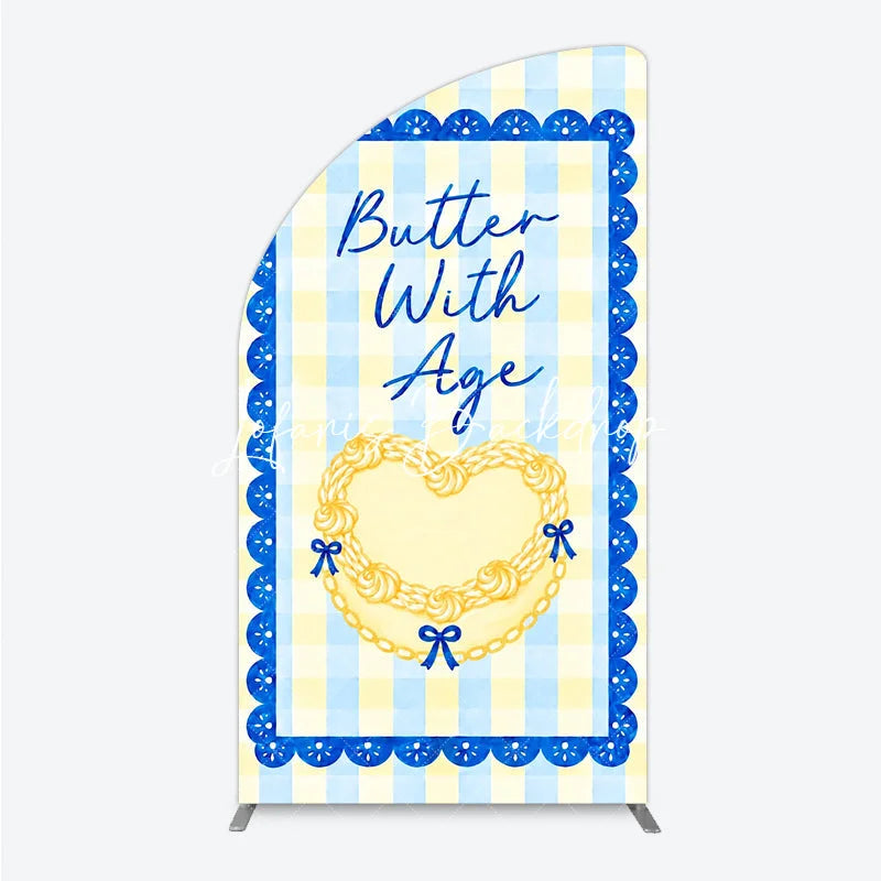 Lofaris Blue and Yellow Gingham Half Moon Arch Backdrop with Scalloped Border Butter Age Heart Design Birthday Party Decor