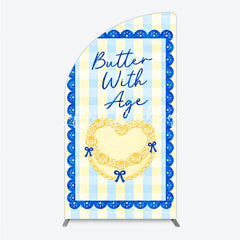 Lofaris Blue and Yellow Gingham Half Moon Arch Backdrop with Scalloped Border Butter Age Heart Design Birthday Party Decor