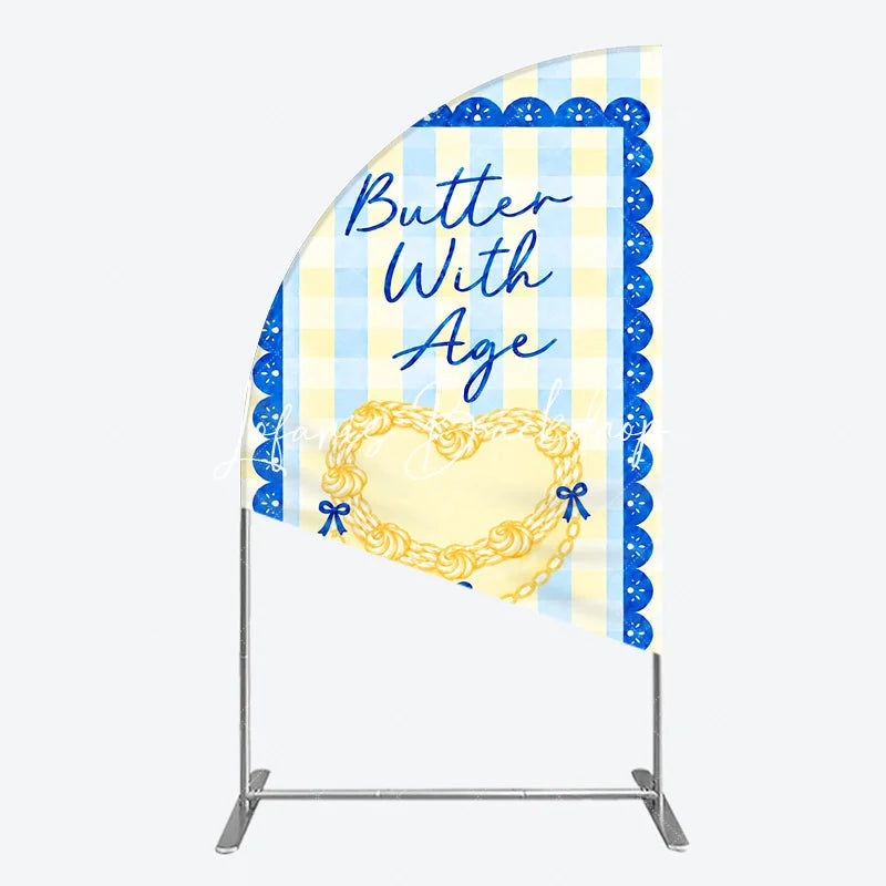 Lofaris Blue and Yellow Gingham Half Moon Arch Backdrop with Scalloped Border Butter Age Heart Design Birthday Party Decor