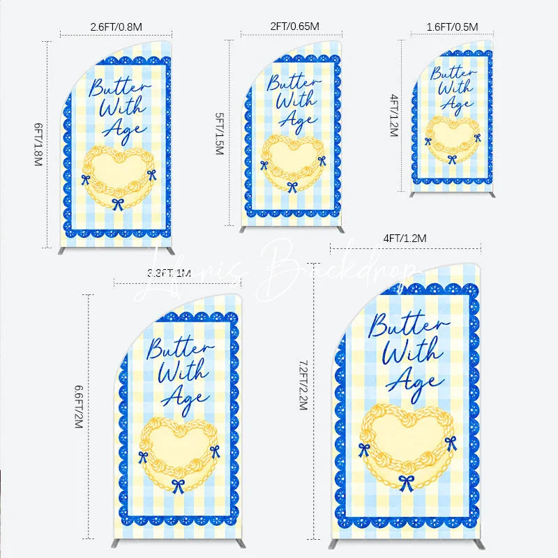 Lofaris Blue and Yellow Gingham Half Moon Arch Backdrop with Scalloped Border Butter Age Heart Design Birthday Party Decor