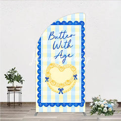 Lofaris Blue and Yellow Gingham Half Moon Arch Backdrop with Scalloped Border Butter Age Heart Design Birthday Party Decor