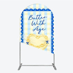 Lofaris Blue and Yellow Gingham Heart Butter With Age Round Top Arch Backdrop Elegant Birthday Party Decor