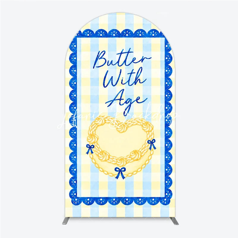 Lofaris Blue and Yellow Gingham Heart Butter With Age Round Top Arch Backdrop Elegant Birthday Party Decor