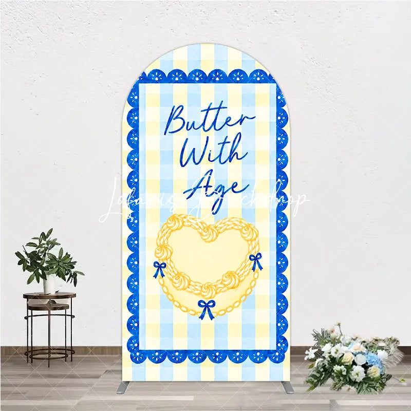Lofaris Blue and Yellow Gingham Heart Butter With Age Round Top Arch Backdrop Elegant Birthday Party Decor
