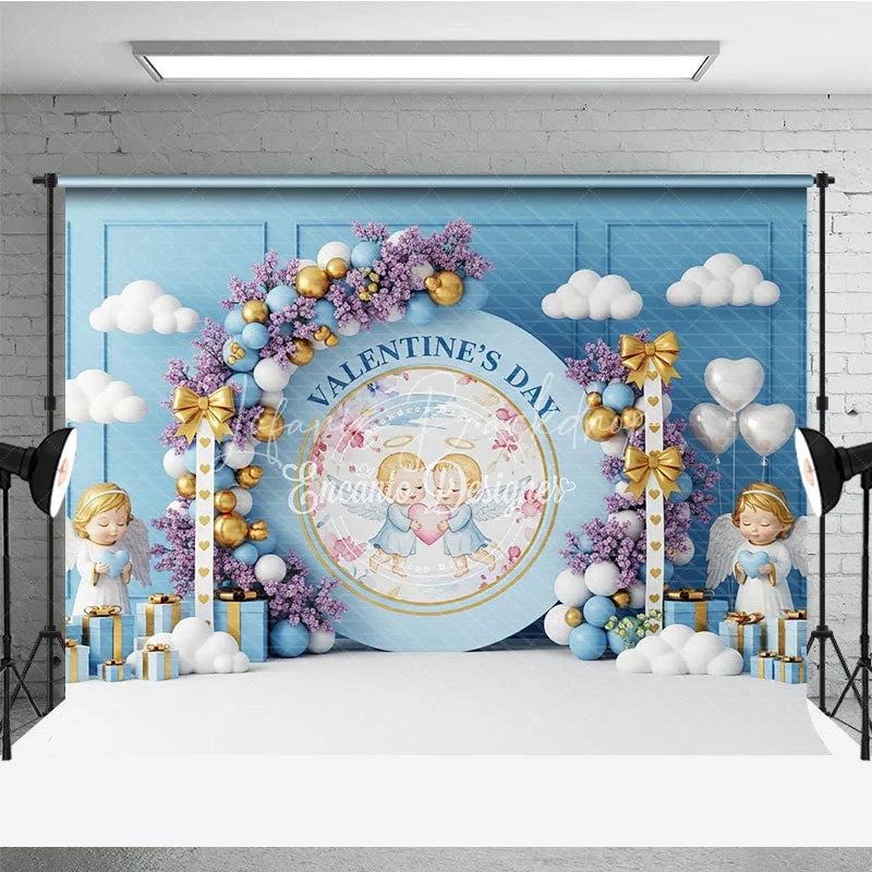 Lofaris Blue Angel Valentine Day Backdrop Cute Cherubs Holding Heart Floral Background Baby Shower Photography Prop