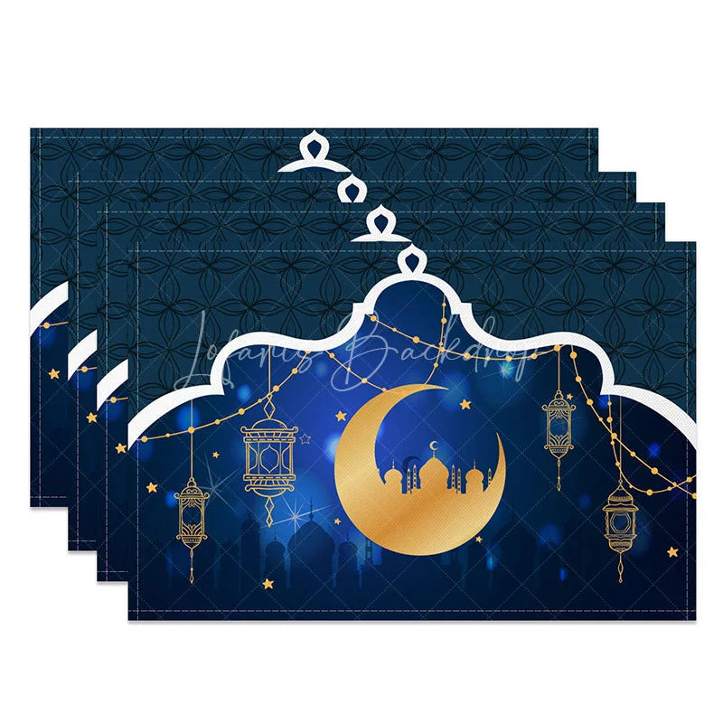 Lofaris Blue Arch Ramadan Set of 4 Placemats Golden Moon and Hanging Lanterns Eid Mubarak Dining Table Mats