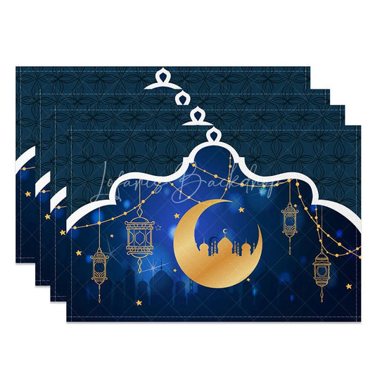 Lofaris Blue Arch Ramadan Set of 4 Placemats Golden Moon and Hanging Lanterns Eid Mubarak Dining Table Mats