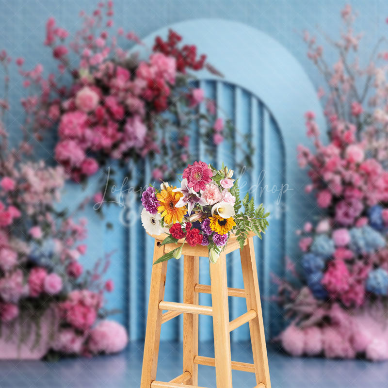 Lofaris Blue Artist Wall Pink Floral Wedding Photo Backdrop