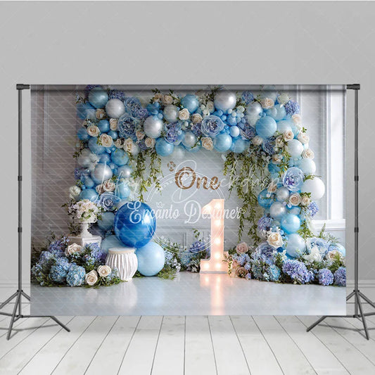 Lofaris Blue Balloon and Floral First Birthday Photography Backdrop Elegant Baby Shower Party Decor