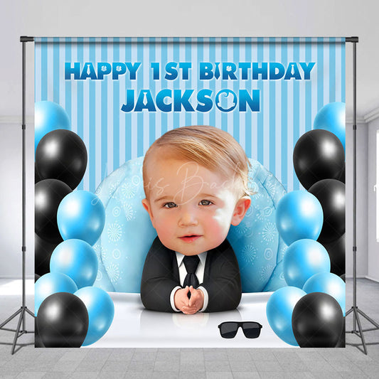 Lofaris Blue Balloons Boss Custom Photo 1st Birthday Backdrop