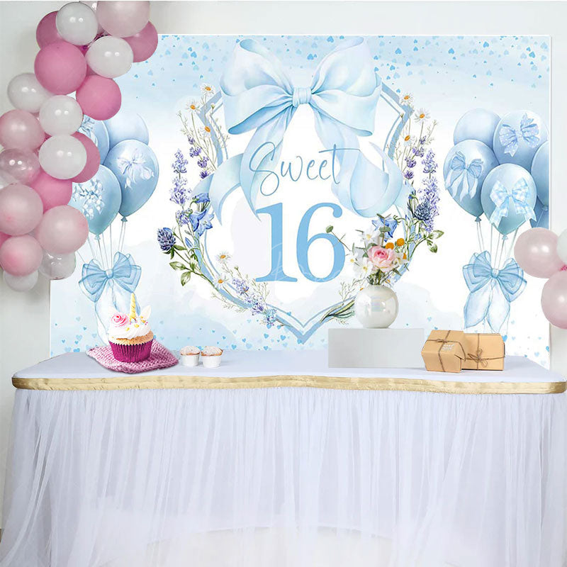 Lofaris Blue Balloons Bow Floral Sweet 16 Birthday Backdrop