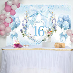 Lofaris Blue Balloons Bow Floral Sweet 16 Birthday Backdrop