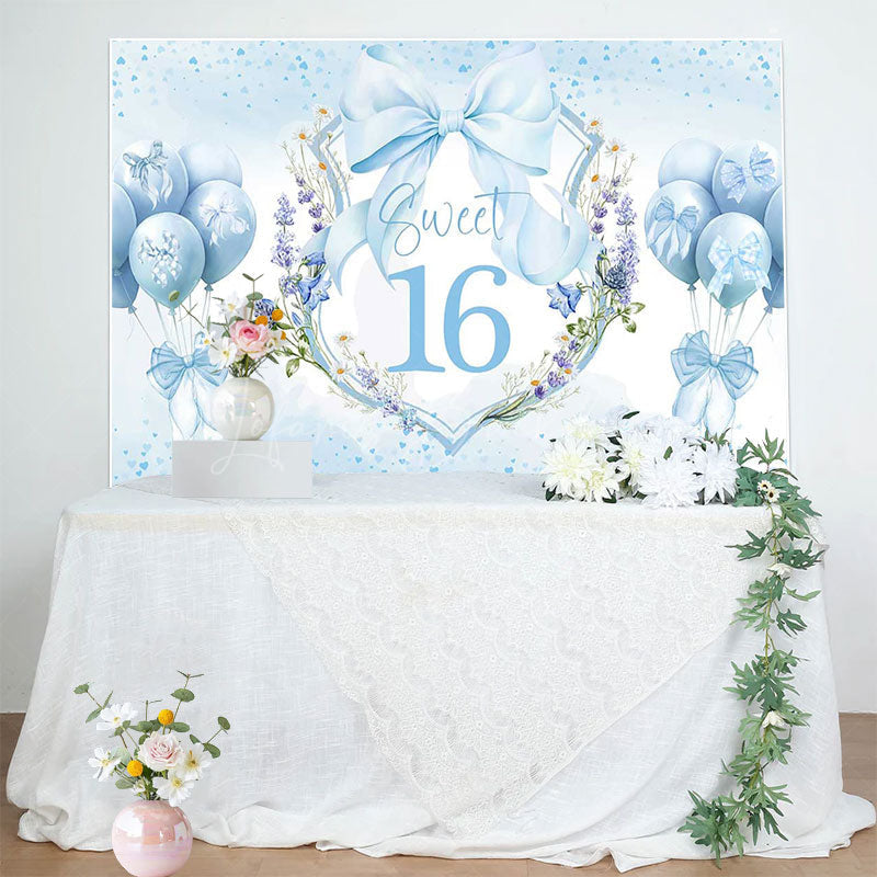 Lofaris Blue Balloons Bow Floral Sweet 16 Birthday Backdrop