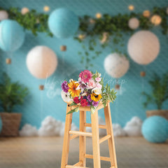 Lofaris Blue Balloons Greenery Clouds Cake Smash Backdrop