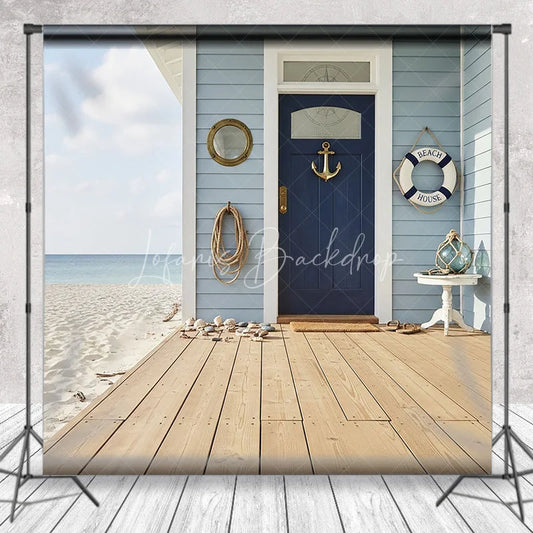 Lofaris Blue Beach House Nautical Anchor Door Photography Backdrop Wooden Deck and Ocean Seaside Decor