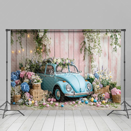 Lofaris Blue Beetle Car Eggs Flowers Easter Canto Backdrop